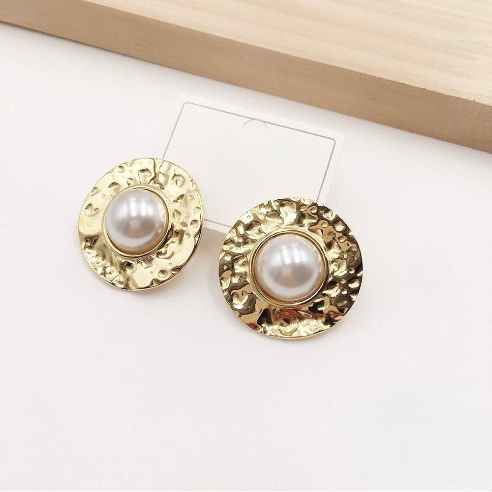 Hammered Gold and Pearl Stud Earrings